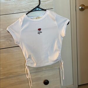 Women's White Cropped Drawstring Tee with Rose Embroidery